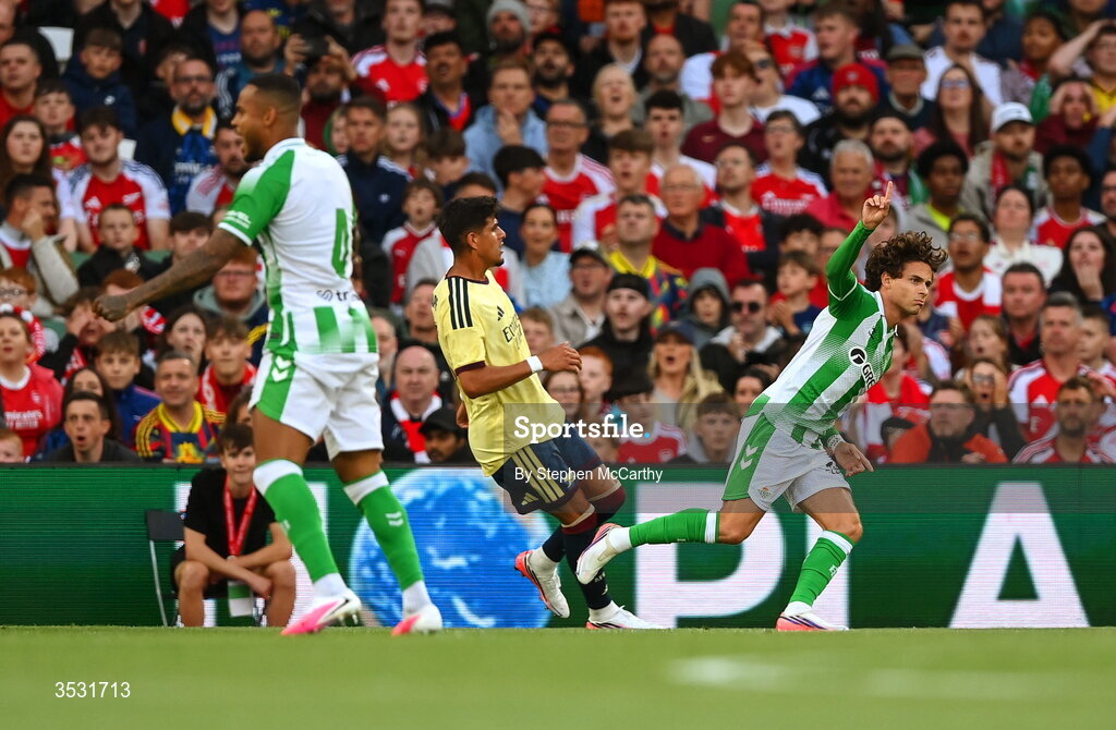 5 August 2026; Rodrigo Riquelme of Real Betis celebrates after scoring his side's first goal  during the pre-season friendly match between Arsenal and Real Betis at the Aviva Stadium in Dublin. Photo by Stephen McCarthy/Sportsfile