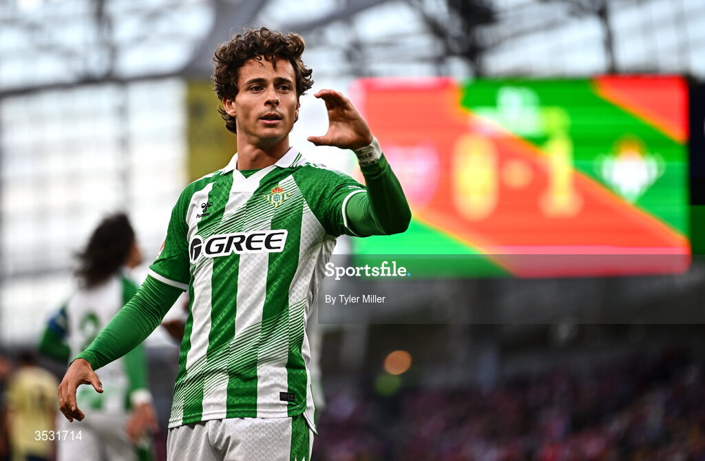 5 August 2026; Rodrigo Riquelme of Real Betis celebrates after scoring his side's first goal  during the pre-season friendly match between Arsenal and Real Betis at the Aviva Stadium in Dublin. Photo by Tyler Miller/Sportsfile