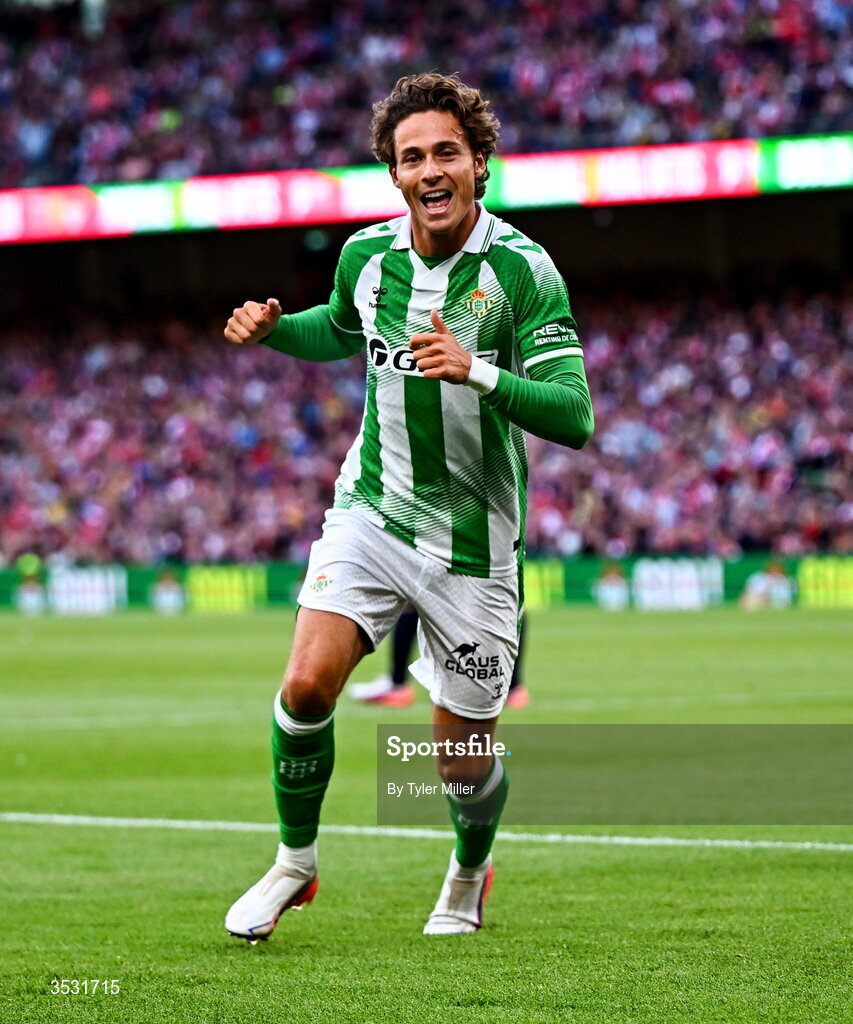 5 August 2026; Rodrigo Riquelme of Real Betis celebrates after scoring his side's first goal  during the pre-season friendly match between Arsenal and Real Betis at the Aviva Stadium in Dublin. Photo by Tyler Miller/Sportsfile