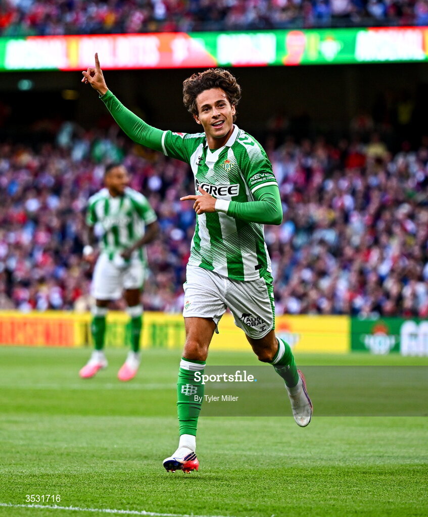 5 August 2026; Rodrigo Riquelme of Real Betis celebrates after scoring his side's first goal  during the pre-season friendly match between Arsenal and Real Betis at the Aviva Stadium in Dublin. Photo by Tyler Miller/Sportsfile