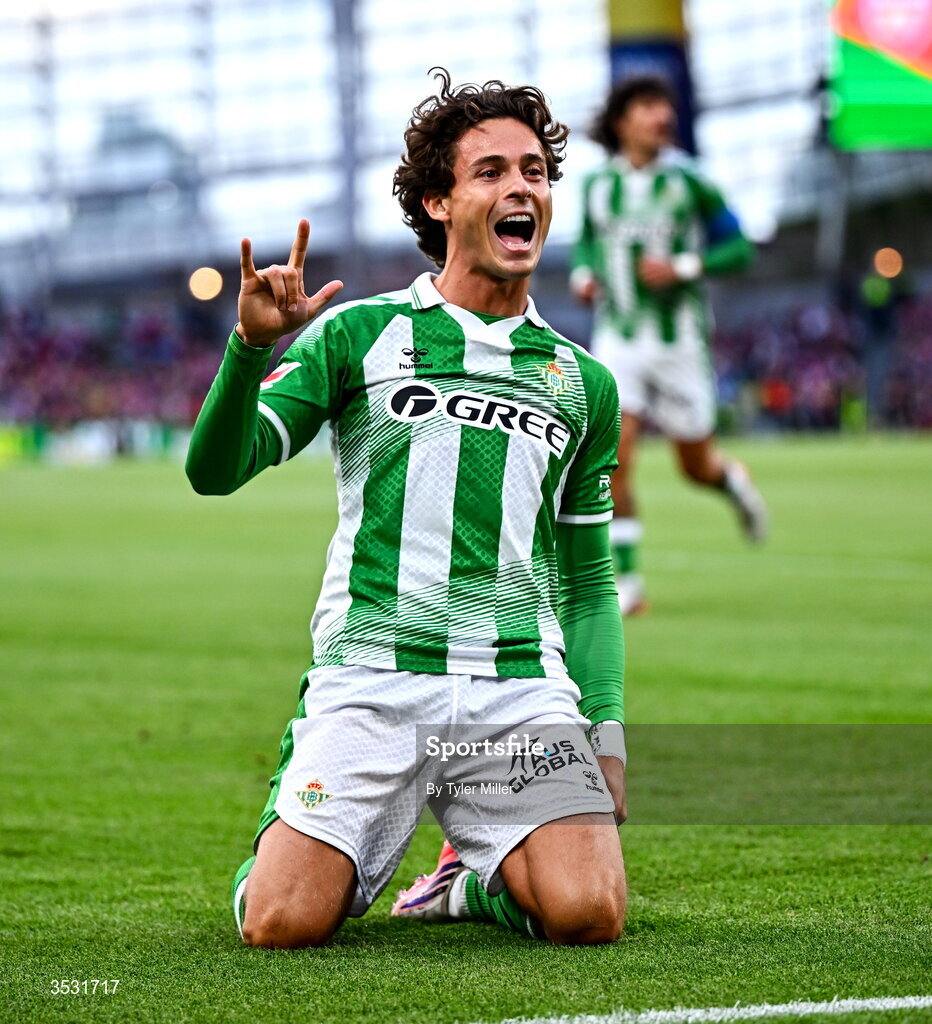 5 August 2026; Rodrigo Riquelme of Real Betis celebrates after scoring his side's first goal  during the pre-season friendly match between Arsenal and Real Betis at the Aviva Stadium in Dublin. Photo by Tyler Miller/Sportsfile