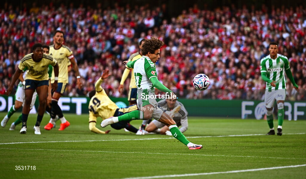 5 August 2026; Rodrigo Riquelme of Real Betis scores his side's first goal during the pre-season friendly match between Arsenal and Real Betis at the Aviva Stadium in Dublin. Photo by Tyler Miller/Sportsfile
