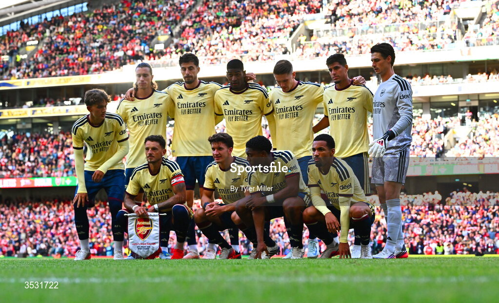 5 August 2026; The Arsenal team before the pre-season friendly match between Arsenal and Real Betis at the Aviva Stadium in Dublin. Photo by Tyler Miller/Sportsfile