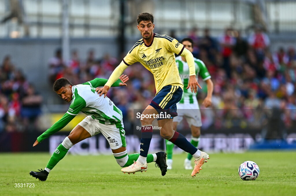 5 August 2026; Kai Havertz of Arsenal in action against Nelson Deossa of Real Betis during the pre-season friendly match between Arsenal and Real Betis at the Aviva Stadium in Dublin. Photo by Tyler Miller/Sportsfile