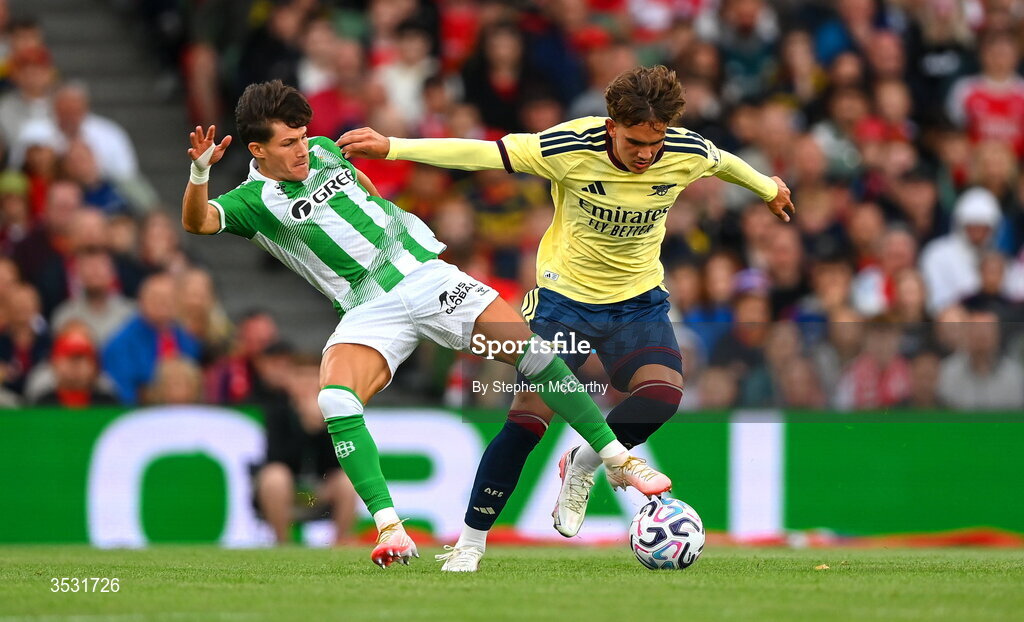 5 August 2026; Max Dowman of Arsenal in action against Fran García of Real Betis during the pre-season friendly match between Arsenal and Real Betis at the Aviva Stadium in Dublin. Photo by Stephen McCarthy/Sportsfile