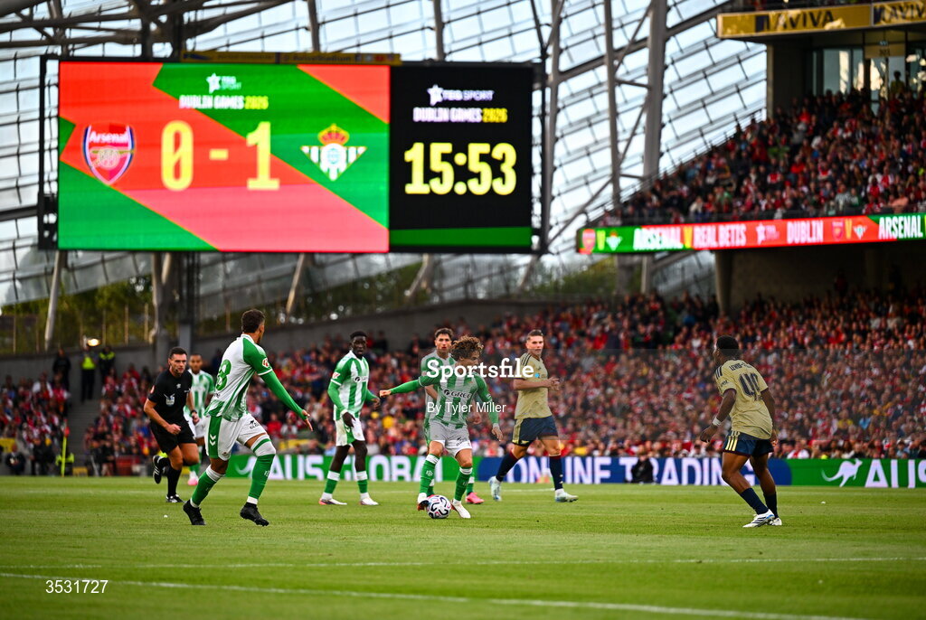 5 August 2026; Rodrigo Riquelme of Real Betis during the pre-season friendly match between Arsenal and Real Betis at the Aviva Stadium in Dublin. Photo by Tyler Miller/Sportsfile