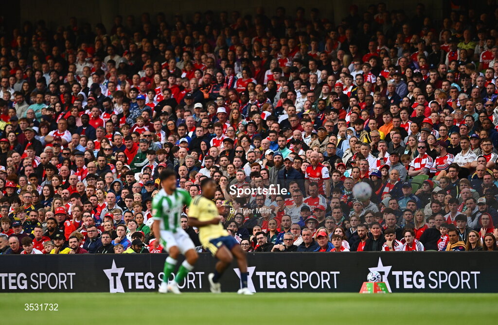 5 August 2026; Supporters watch on during the pre-season friendly match between Arsenal and Real Betis at the Aviva Stadium in Dublin. Photo by Tyler Miller/Sportsfile