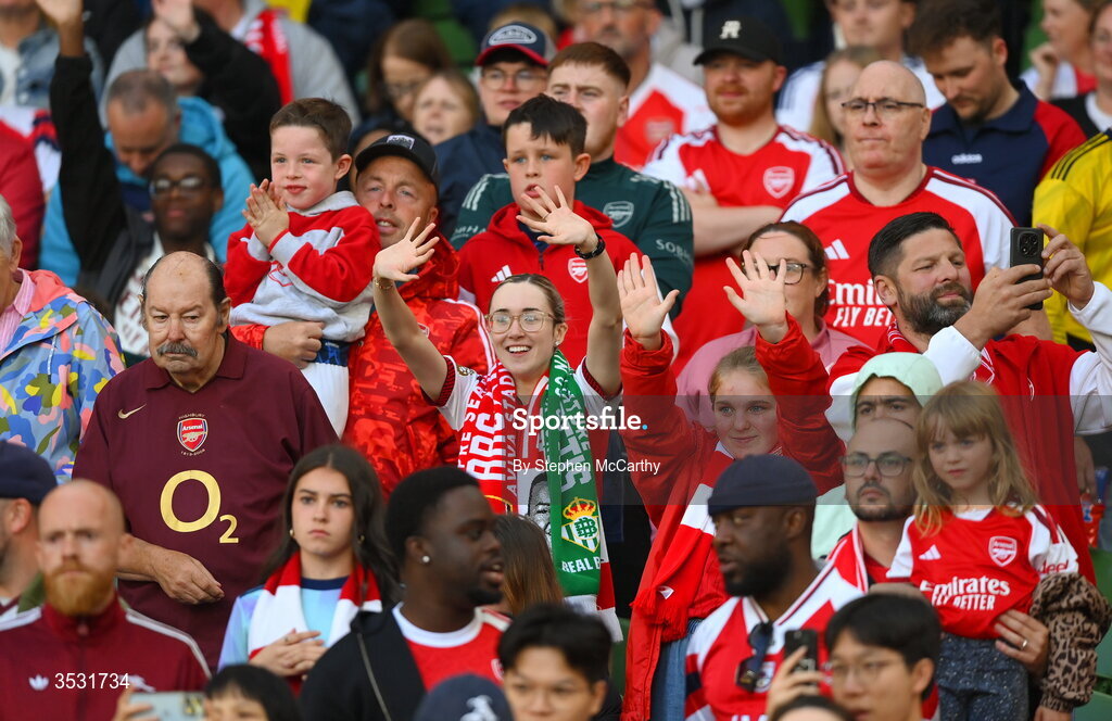 5 August 2026; Arsenal supporters before the pre-season friendly match between Arsenal and Real Betis at the Aviva Stadium in Dublin. Photo by Stephen McCarthy/Sportsfile