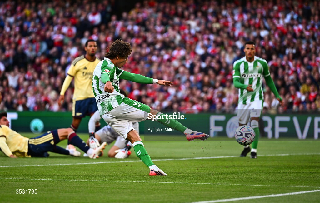 5 August 2026; Rodrigo Riquelme of Real Betis scores his side's first goal during the pre-season friendly match between Arsenal and Real Betis at the Aviva Stadium in Dublin. Photo by Tyler Miller/Sportsfile