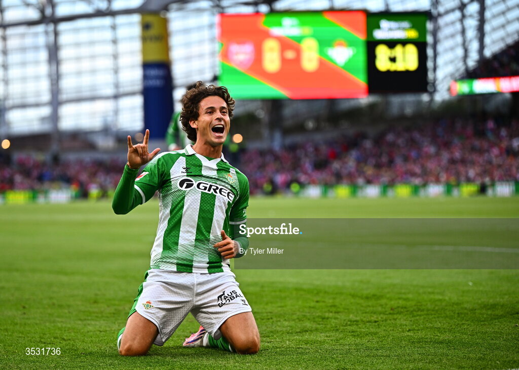 5 August 2026; Rodrigo Riquelme of Real Betis celebrates after scoring his side's first goal  during the pre-season friendly match between Arsenal and Real Betis at the Aviva Stadium in Dublin. Photo by Tyler Miller/Sportsfile