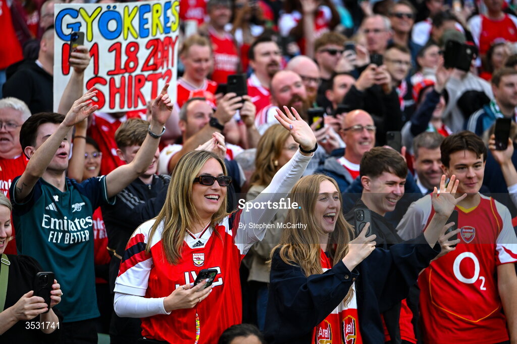 5 August 2026; Arsenal supporters during the pre-season friendly match between Arsenal and Real Betis at the Aviva Stadium in Dublin. Photo by Stephen McCarthy/Sportsfile
