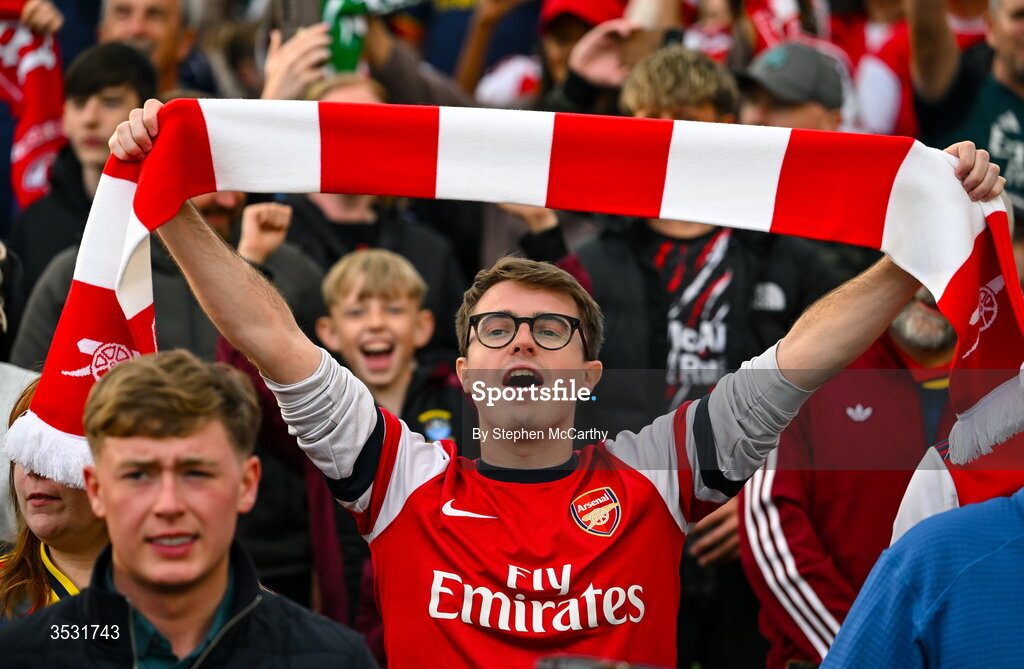 5 August 2026; Arsenal supporters during the pre-season friendly match between Arsenal and Real Betis at the Aviva Stadium in Dublin. Photo by Stephen McCarthy/Sportsfile