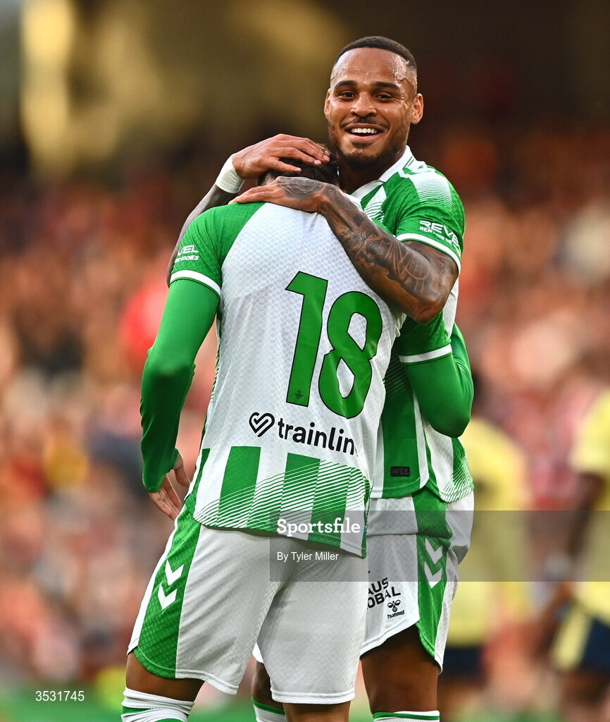 5 August 2026; Nelson Deossa of Real Betis celebrates with Natan after scoring his side's second goal during the pre-season friendly match between Arsenal and Real Betis at the Aviva Stadium in Dublin. Photo by Tyler Miller/Sportsfile