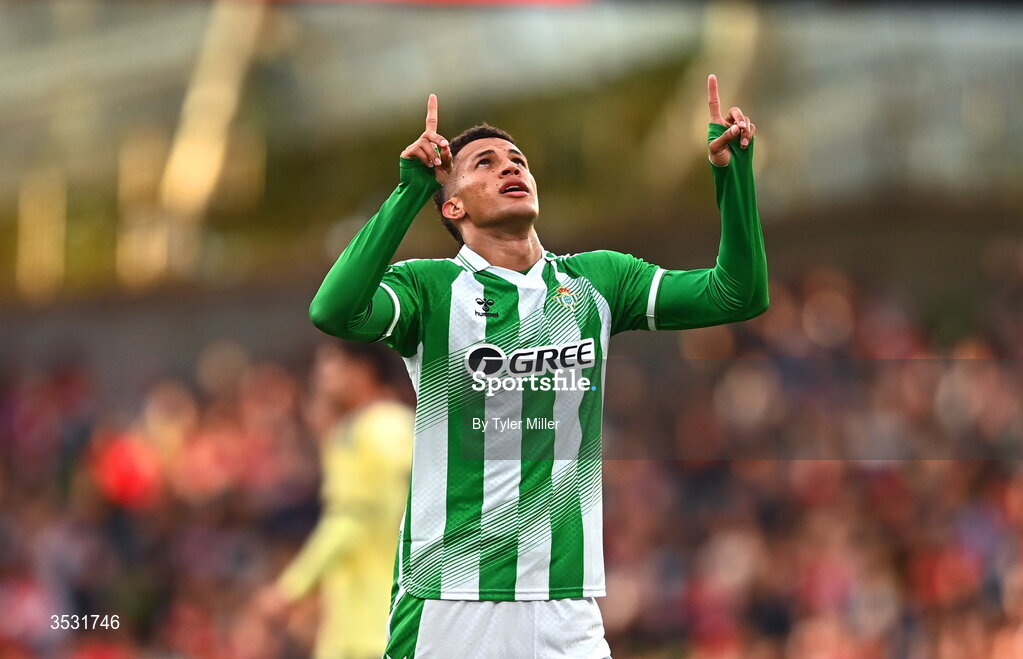 5 August 2026; Nelson Deossa of Real Betis celebrates after scoring his side's second goal during the pre-season friendly match between Arsenal and Real Betis at the Aviva Stadium in Dublin. Photo by Tyler Miller/Sportsfile