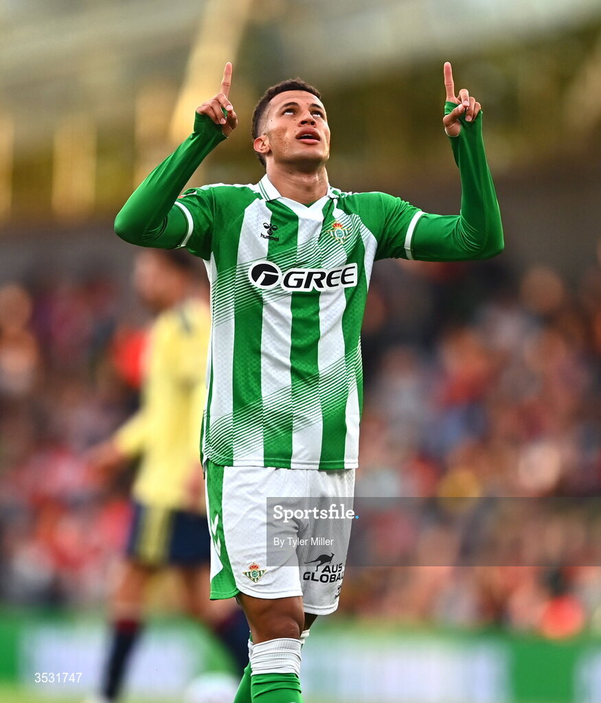 5 August 2026; Nelson Deossa of Real Betis celebrates after scoring his side's second goal during the pre-season friendly match between Arsenal and Real Betis at the Aviva Stadium in Dublin. Photo by Tyler Miller/Sportsfile