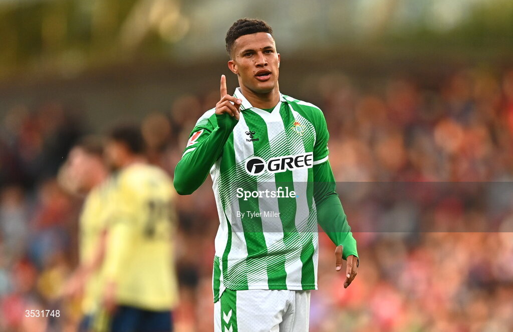 5 August 2026; Nelson Deossa of Real Betis celebrates after scoring his side's second goal during the pre-season friendly match between Arsenal and Real Betis at the Aviva Stadium in Dublin. Photo by Tyler Miller/Sportsfile