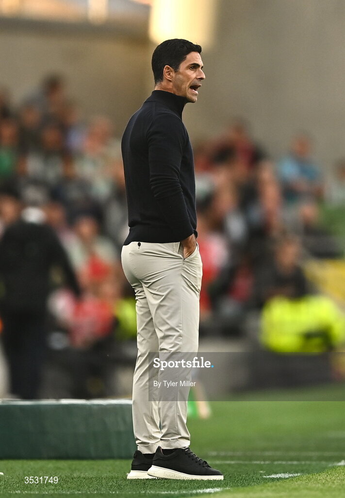 5 August 2026; Arsenal manager Mikel Arteta during the pre-season friendly match between Arsenal and Real Betis at the Aviva Stadium in Dublin. Photo by Tyler Miller/Sportsfile