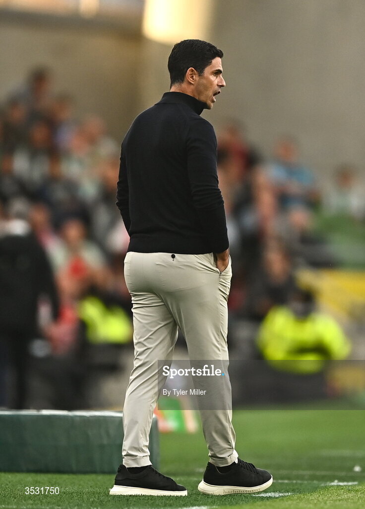 5 August 2026; Arsenal manager Mikel Arteta during the pre-season friendly match between Arsenal and Real Betis at the Aviva Stadium in Dublin. Photo by Tyler Miller/Sportsfile