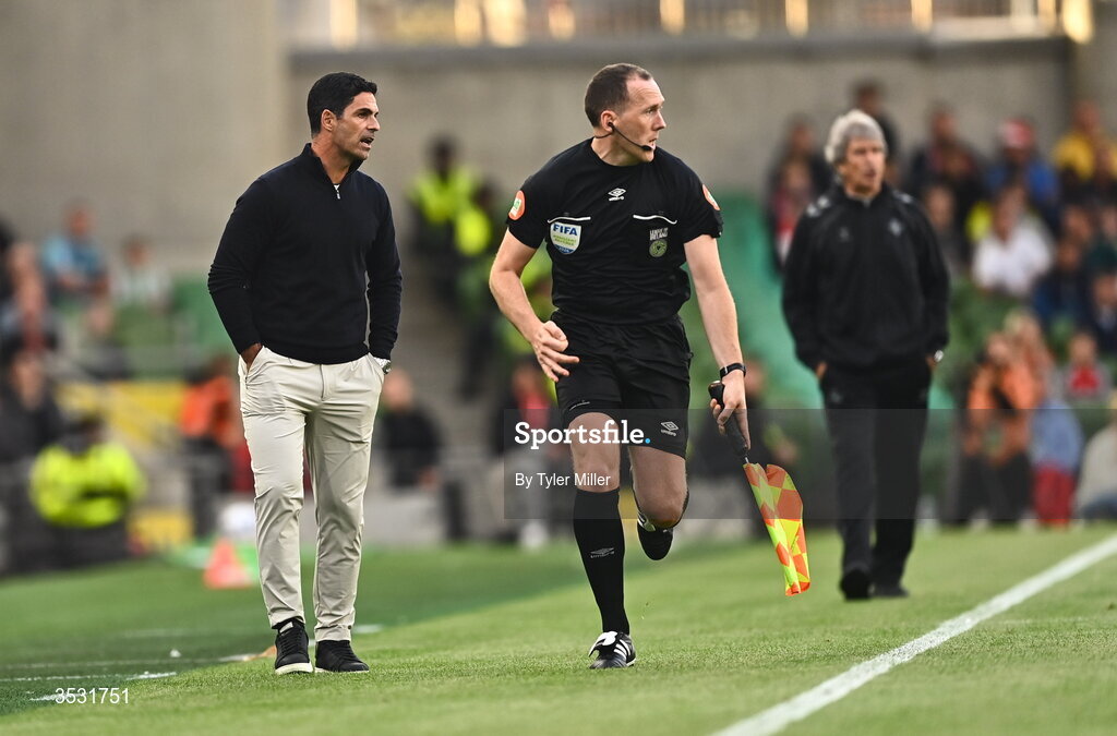 5 August 2026; Arsenal manager Mikel Arteta during the pre-season friendly match between Arsenal and Real Betis at the Aviva Stadium in Dublin. Photo by Tyler Miller/Sportsfile