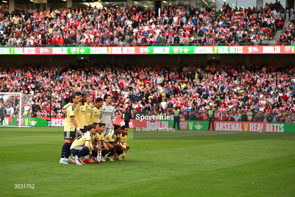 5 August 2026; The Arsenal team before the pre-season friendly match between Arsenal and Real Betis at the Aviva Stadium in Dublin. Photo by Stephen McCarthy/Sportsfile