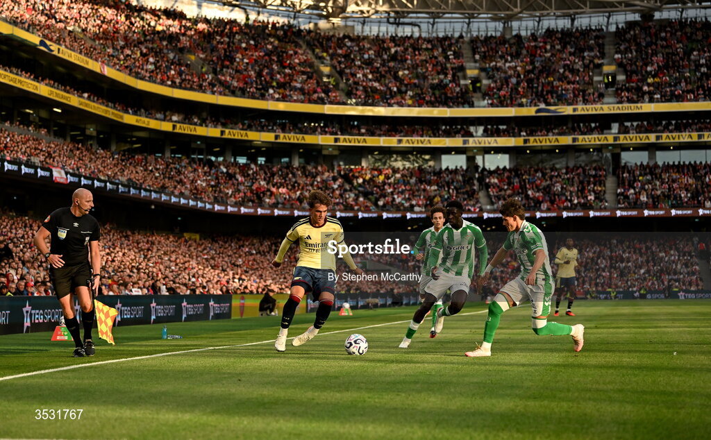 5 August 2026; Gabriel Martinelli of Arsenal during the pre-season friendly match between Arsenal and Real Betis at the Aviva Stadium in Dublin. Photo by Stephen McCarthy/Sportsfile