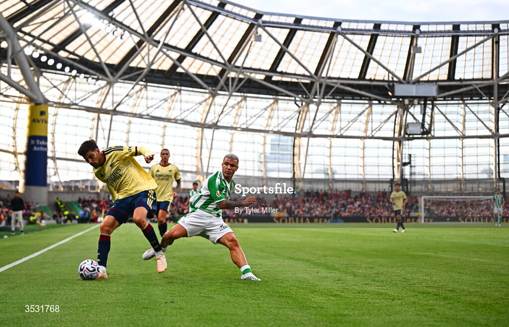 5 August 2026; Kai Havertz of Arsenal in action against Pablo García of Real Betis during the pre-season friendly match between Arsenal and Real Betis at the Aviva Stadium in Dublin. Photo by Tyler Miller/Sportsfile