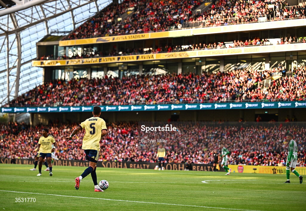 5 August 2026; Piero Hincapié of Arsenal during the pre-season friendly match between Arsenal and Real Betis at the Aviva Stadium in Dublin. Photo by Tyler Miller/Sportsfile