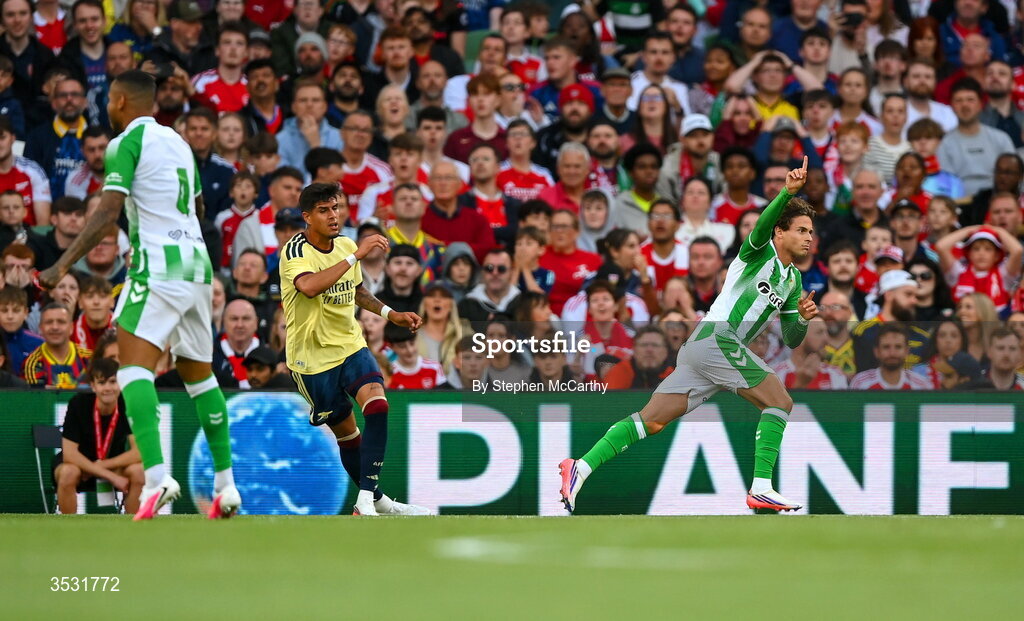 5 August 2026; Rodrigo Riquelme of Real Betis celebrates after scoring his side's first goal during the pre-season friendly match between Arsenal and Real Betis at the Aviva Stadium in Dublin. Photo by Stephen McCarthy/Sportsfile