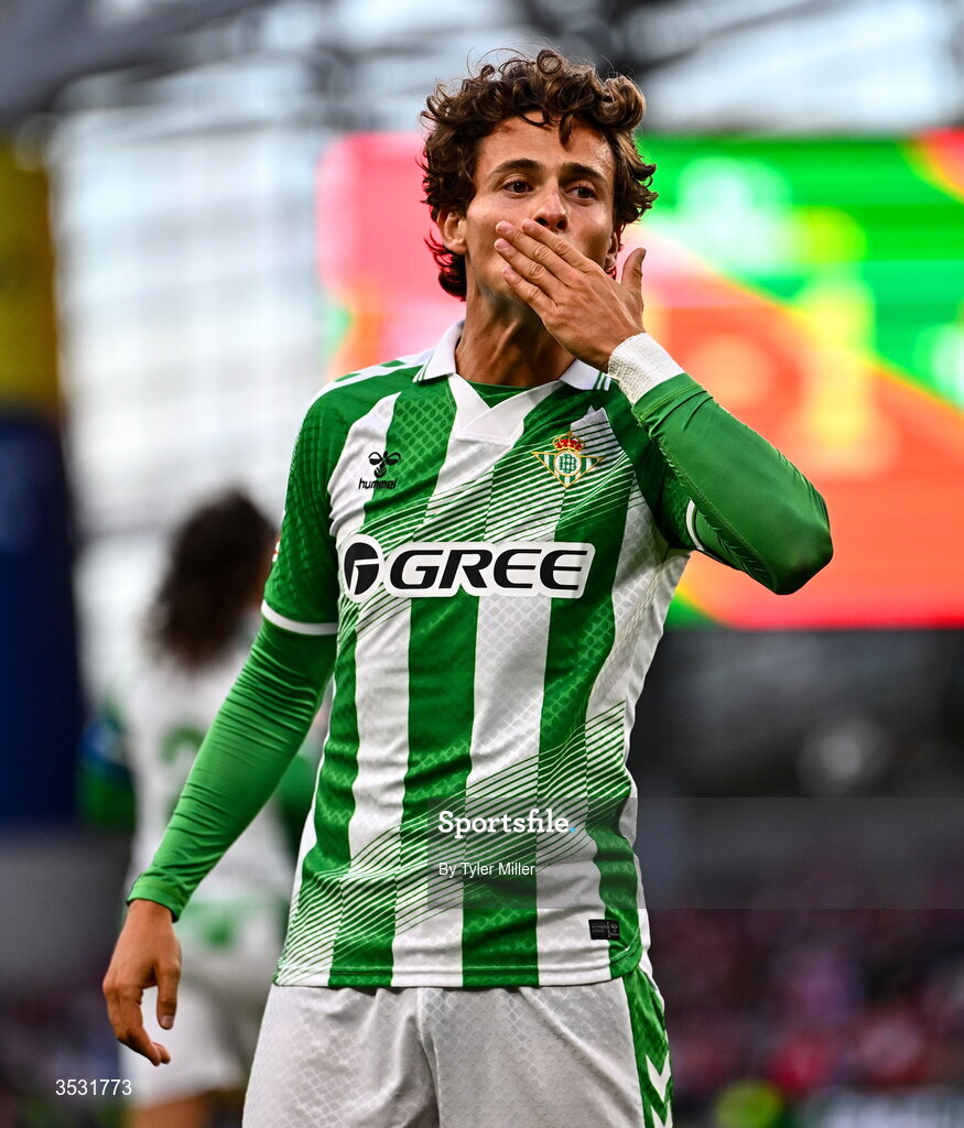 5 August 2026; Rodrigo Riquelme of Real Betis celebrates after scoring his side's first goal during the pre-season friendly match between Arsenal and Real Betis at the Aviva Stadium in Dublin. Photo by Tyler Miller/Sportsfile