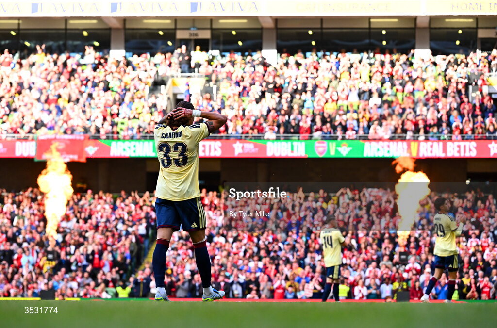 5 August 2026; Riccardo Calafiori of Arsenal during the pre-season friendly match between Arsenal and Real Betis at the Aviva Stadium in Dublin. Photo by Tyler Miller/Sportsfile