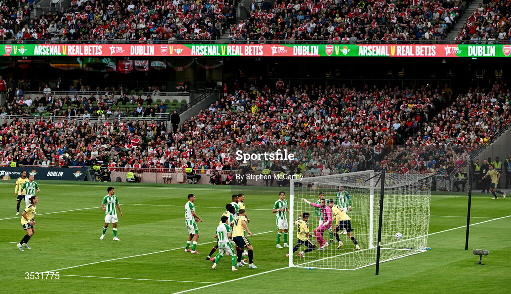 5 August 2026; Piero Hincapié of Arsenal heads his side's first goal during the pre-season friendly match between Arsenal and Real Betis at the Aviva Stadium in Dublin. Photo by Stephen McCarthy/Sportsfile