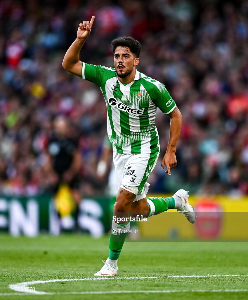 5 August 2026; Pablo Fornals of Real Betis celebrates after scoring his side's third goal during the pre-season friendly match between Arsenal and Real Betis at the Aviva Stadium in Dublin. Photo by Tyler Miller/Sportsfile
