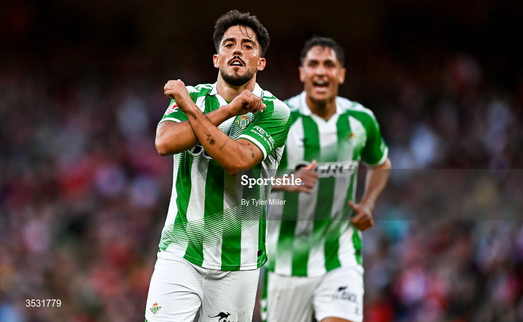 5 August 2026; Pablo Fornals of Real Betis celebrates after scoring his side's third goal during the pre-season friendly match between Arsenal and Real Betis at the Aviva Stadium in Dublin. Photo by Tyler Miller/Sportsfile