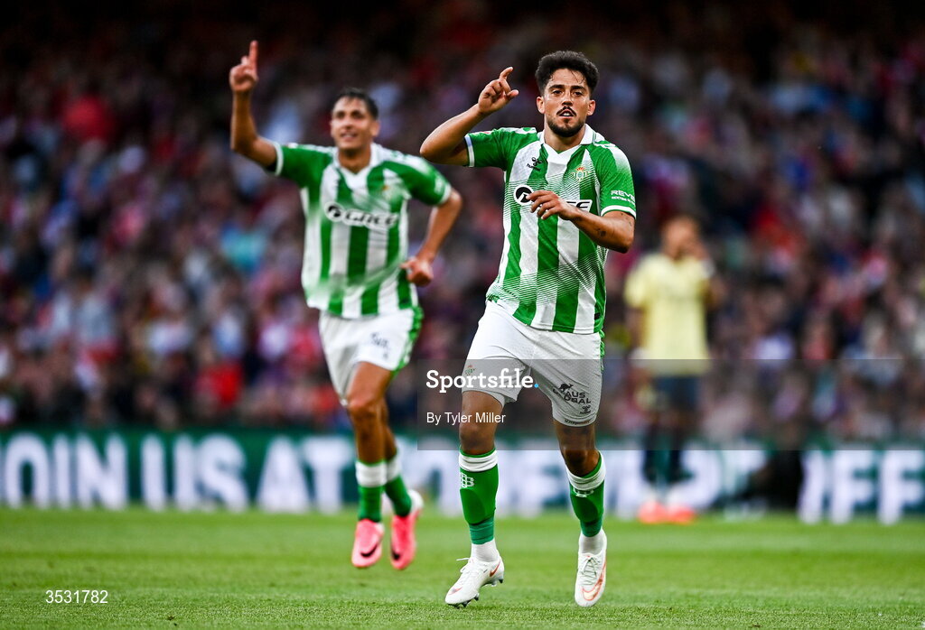 5 August 2026; Pablo Fornals of Real Betis celebrates after scoring his side's third goal during the pre-season friendly match between Arsenal and Real Betis at the Aviva Stadium in Dublin. Photo by Tyler Miller/Sportsfile