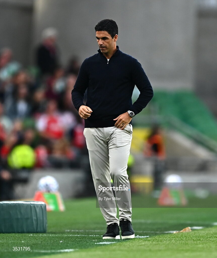 5 August 2026; Arsenal manager Mikel Arteta reacts during the pre-season friendly match between Arsenal and Real Betis at the Aviva Stadium in Dublin. Photo by Tyler Miller/Sportsfile