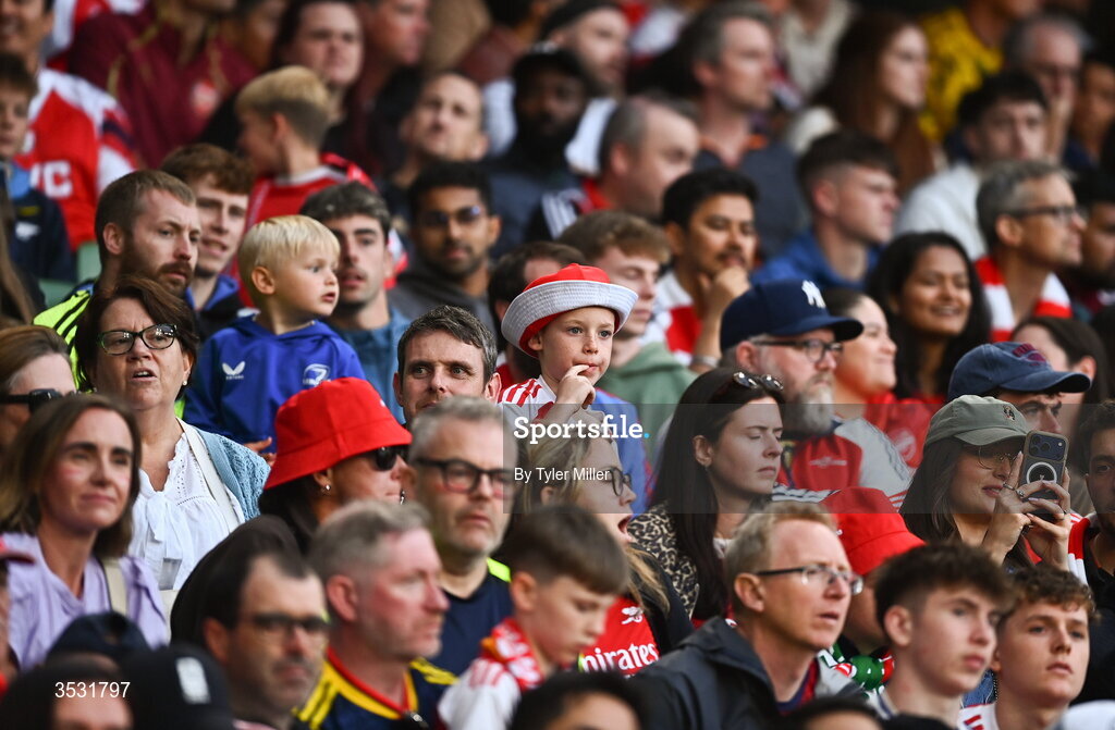5 August 2026; Arsenal supporters during the pre-season friendly match between Arsenal and Real Betis at the Aviva Stadium in Dublin. Photo by Tyler Miller/Sportsfile