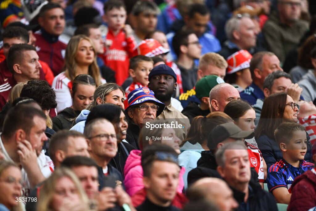 5 August 2026; Arsenal supporters during the pre-season friendly match between Arsenal and Real Betis at the Aviva Stadium in Dublin. Photo by Tyler Miller/Sportsfile
