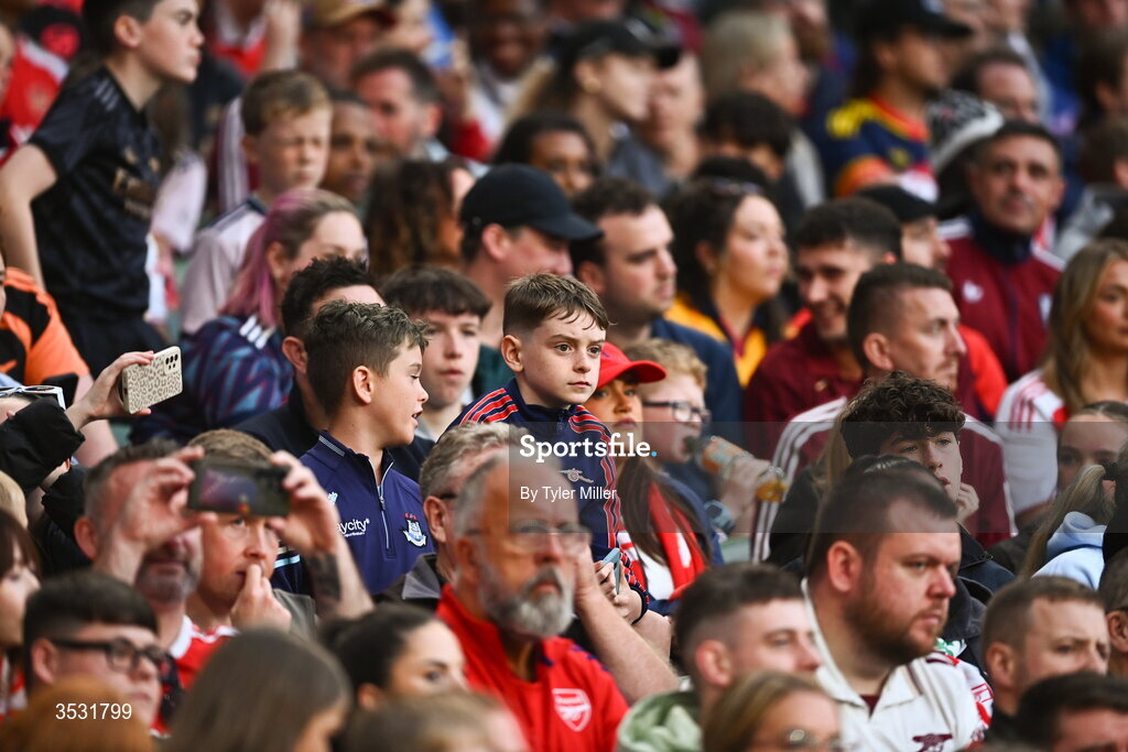 5 August 2026; Arsenal supporters during the pre-season friendly match between Arsenal and Real Betis at the Aviva Stadium in Dublin. Photo by Tyler Miller/Sportsfile