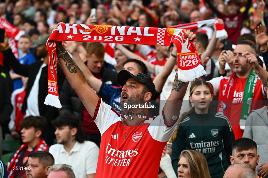 5 August 2026; An Arsenal supporter before the pre-season friendly match between Arsenal and Real Betis at the Aviva Stadium in Dublin. Photo by Tyler Miller/Sportsfile