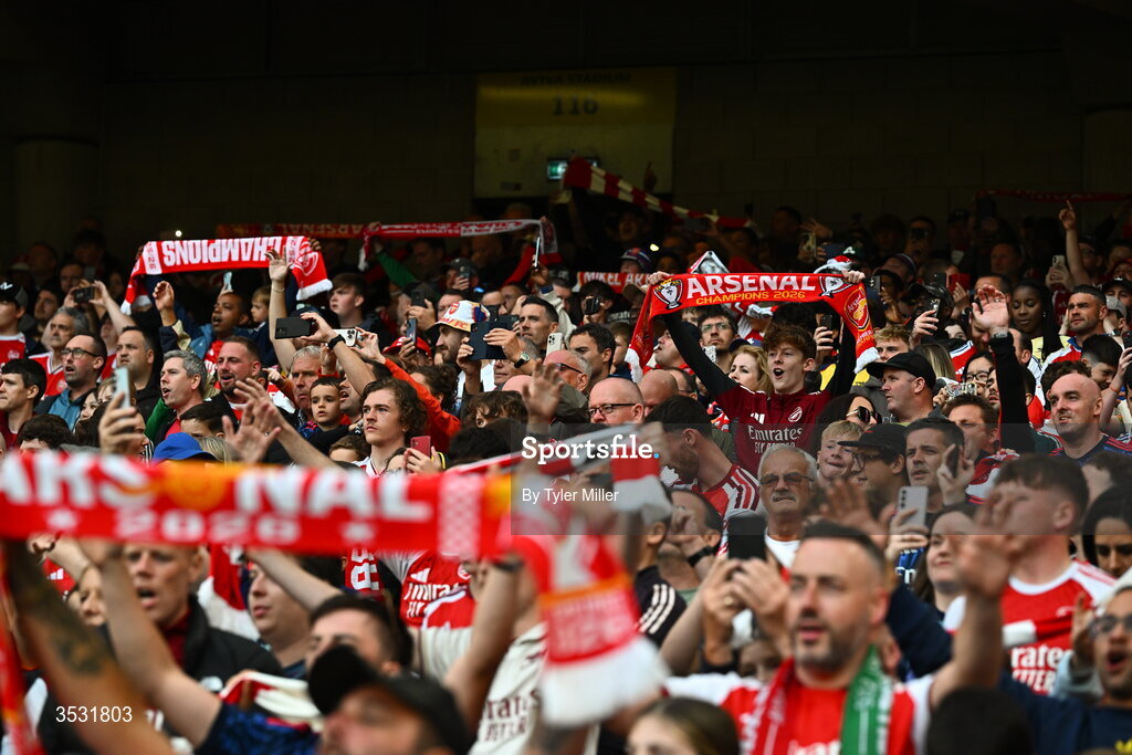 5 August 2026; Arsenal supporters before the pre-season friendly match between Arsenal and Real Betis at the Aviva Stadium in Dublin. Photo by Tyler Miller/Sportsfile