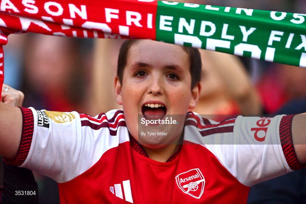 5 August 2026; An Arsenal supporter before the pre-season friendly match between Arsenal and Real Betis at the Aviva Stadium in Dublin. Photo by Tyler Miller/Sportsfile
