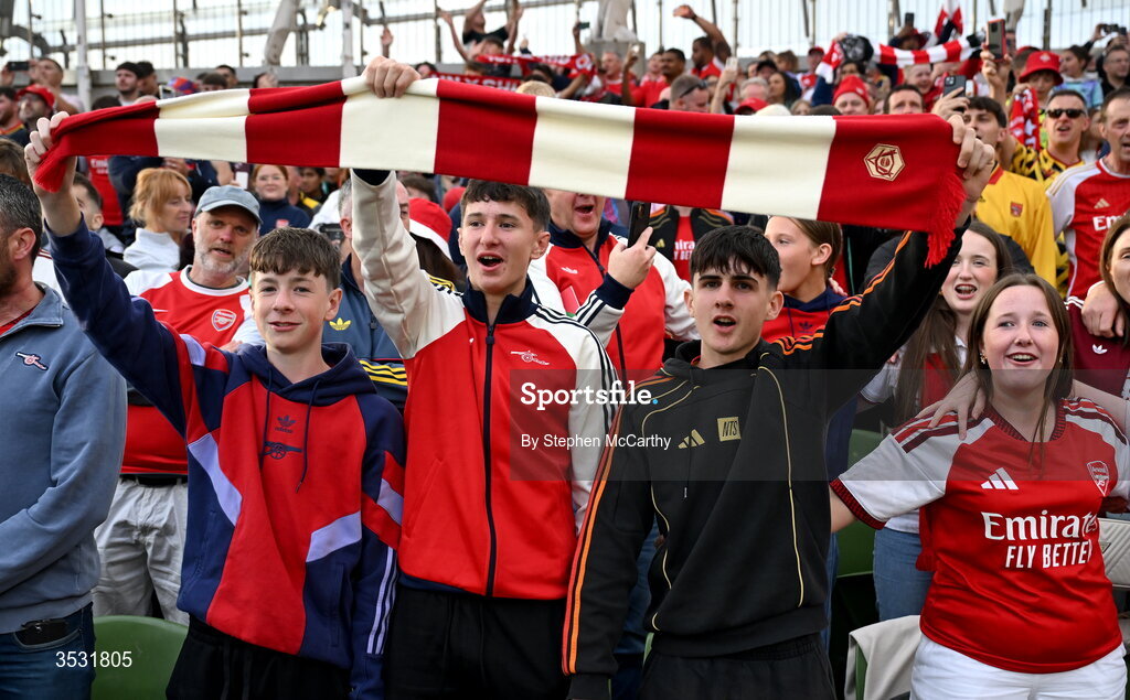 5 August 2026; Arsenal supporters during the pre-season friendly match between Arsenal and Real Betis at the Aviva Stadium in Dublin. Photo by Stephen McCarthy/Sportsfile