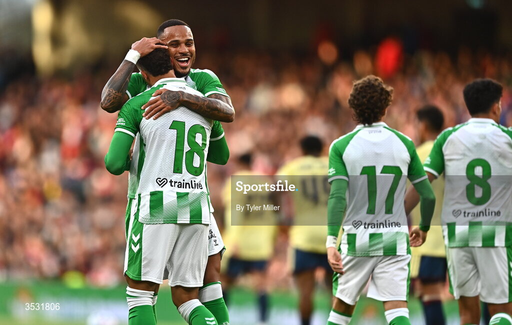 5 August 2026; Nelson Deossa of Real Betis celebrates with Natan after scoring his side's second goal during the pre-season friendly match between Arsenal and Real Betis at the Aviva Stadium in Dublin. Photo by Tyler Miller/Sportsfile