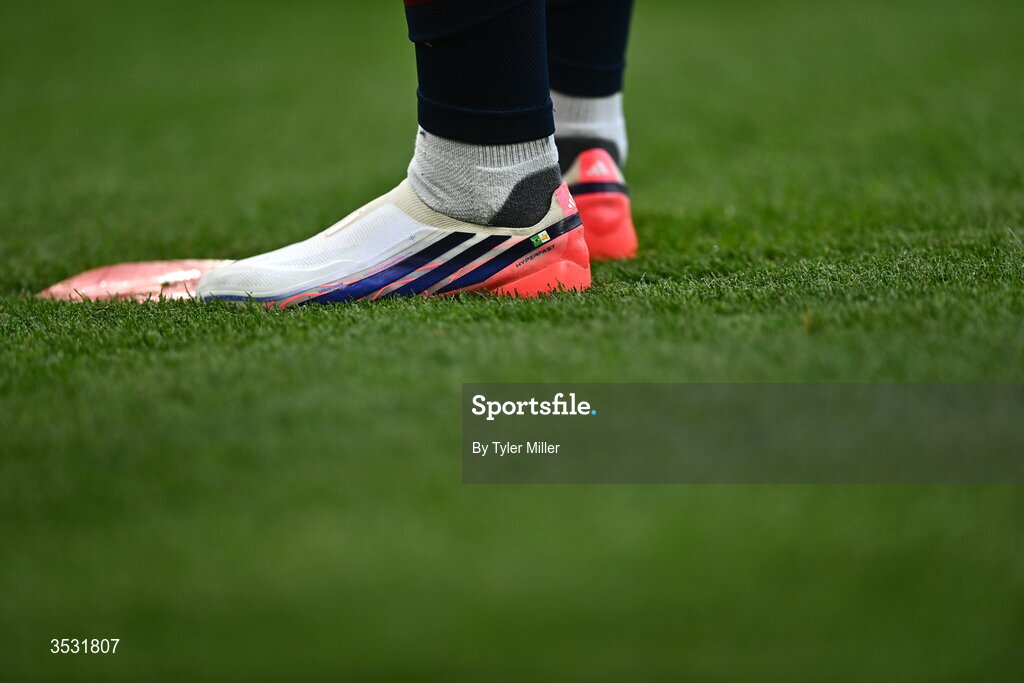 5 August 2026; The boot of Gabriel Jesus of Arsenal during the pre-season friendly match between Arsenal and Real Betis at the Aviva Stadium in Dublin. Photo by Tyler Miller/Sportsfile