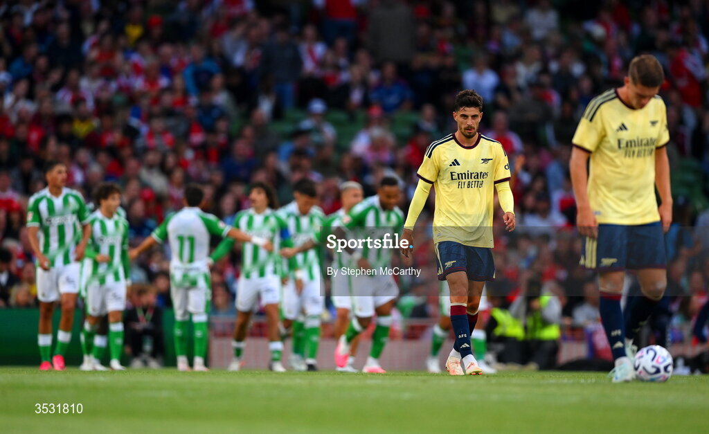 5 August 2026; Kai Havertz of Arsenal reacts after his team concede their third goal during the pre-season friendly match between Arsenal and Real Betis at the Aviva Stadium in Dublin. Photo by Stephen McCarthy/Sportsfile