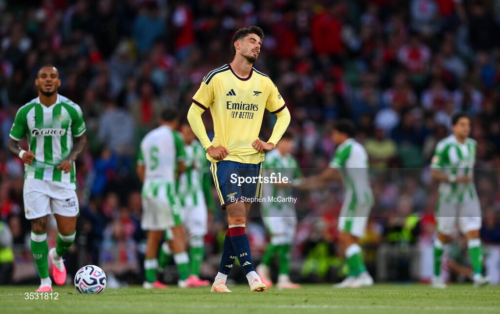 5 August 2026; Kai Havertz of Arsenal reacts after his team concede their third goal during the pre-season friendly match between Arsenal and Real Betis at the Aviva Stadium in Dublin. Photo by Stephen McCarthy/Sportsfile
