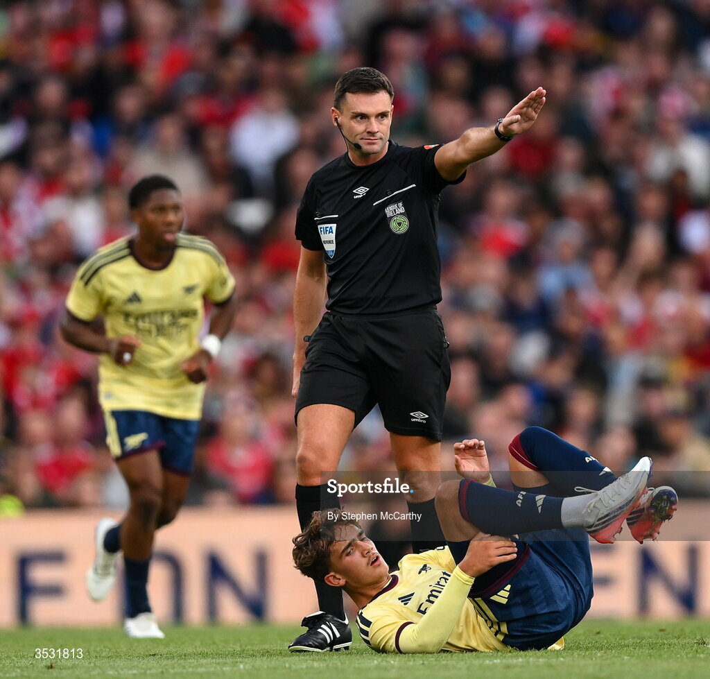 5 August 2026; Referee Rob Hennessy during the pre-season friendly match between Arsenal and Real Betis at the Aviva Stadium in Dublin. Photo by Stephen McCarthy/Sportsfile
