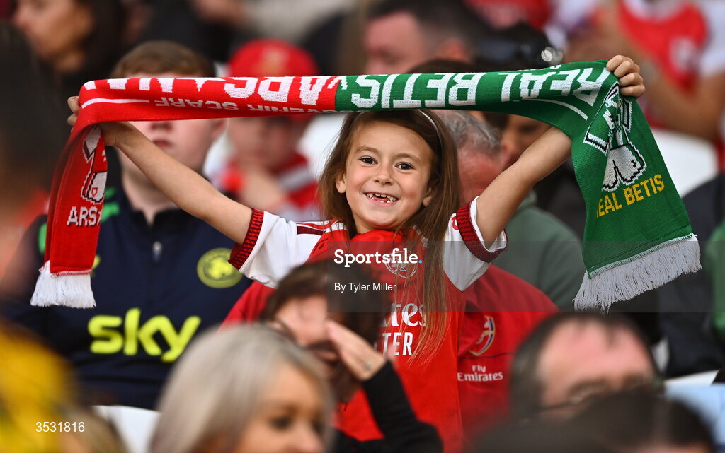 5 August 2026; An Arsenal supporter during the pre-season friendly match between Arsenal and Real Betis at the Aviva Stadium in Dublin. Photo by Tyler Miller/Sportsfile