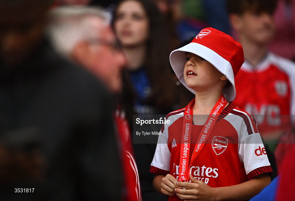 5 August 2026; An Arsenal supporter during the pre-season friendly match between Arsenal and Real Betis at the Aviva Stadium in Dublin. Photo by Tyler Miller/Sportsfile