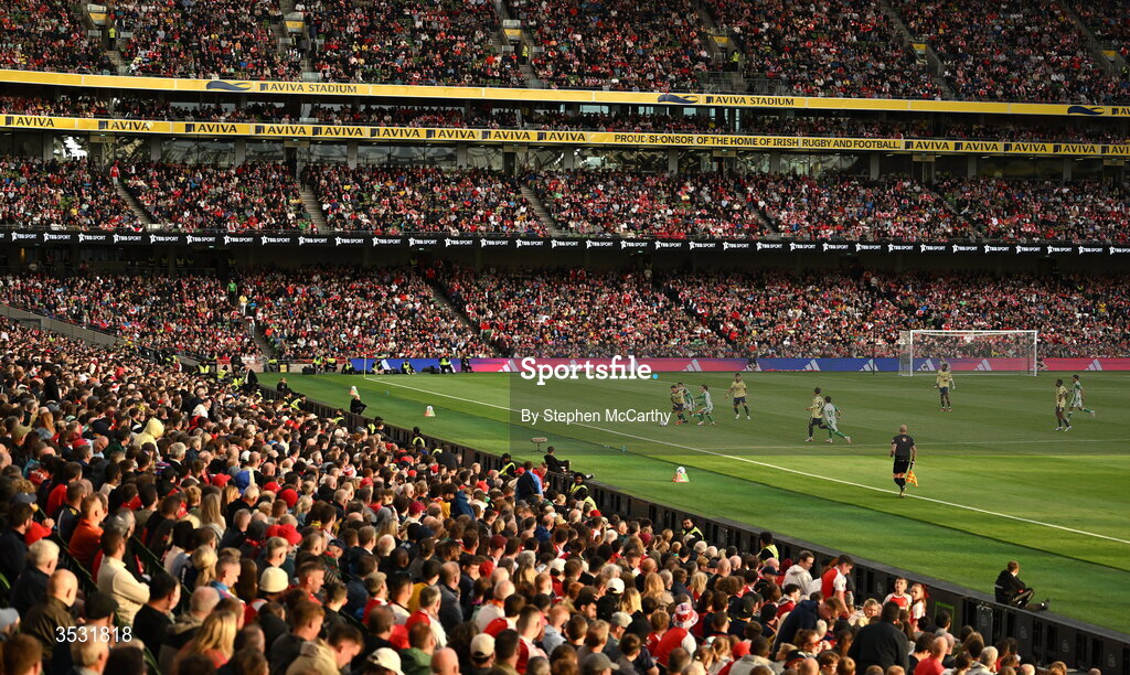 5 August 2026; A general view of the action during the pre-season friendly match between Arsenal and Real Betis at the Aviva Stadium in Dublin. Photo by Stephen McCarthy/Sportsfile